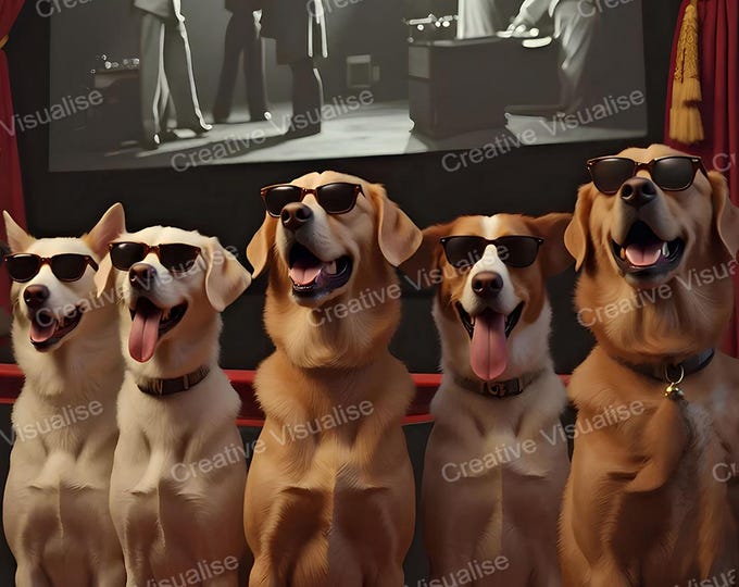 Dogs Wearing Sunglasses Watching Movie While Facing Projector Light in Cinema Scene
