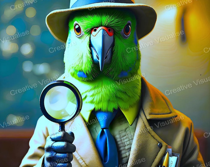 Parrot as an Inspector Printable Wall Art Funny Tropical Bird Digital Download Decor