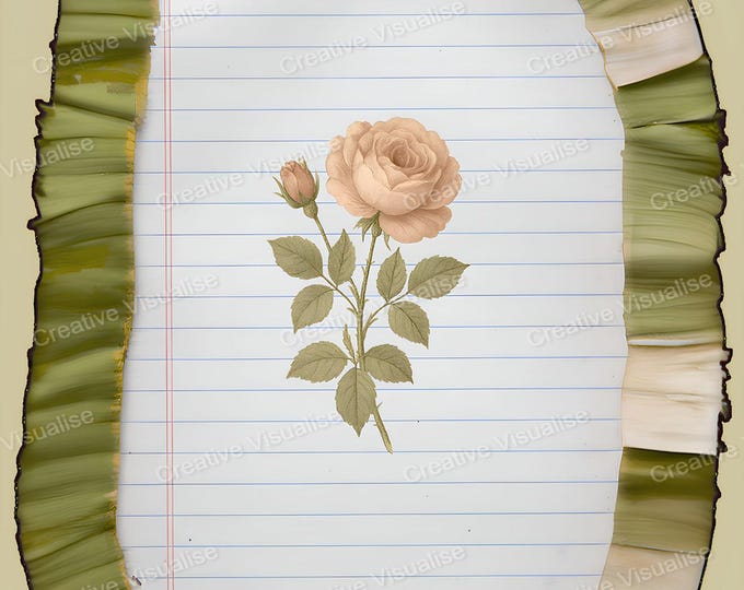 Green Framed Writing Paper with Rose Illustration – Elegant Vintage Style Stationery Design