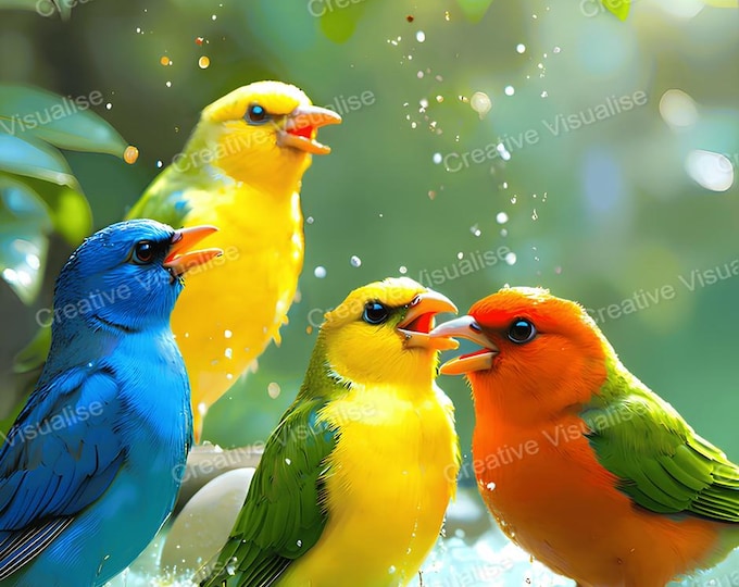 Bathing Colourful Birds Printable Wall Art, Stream Water Digital PNG PDF 300 DPI