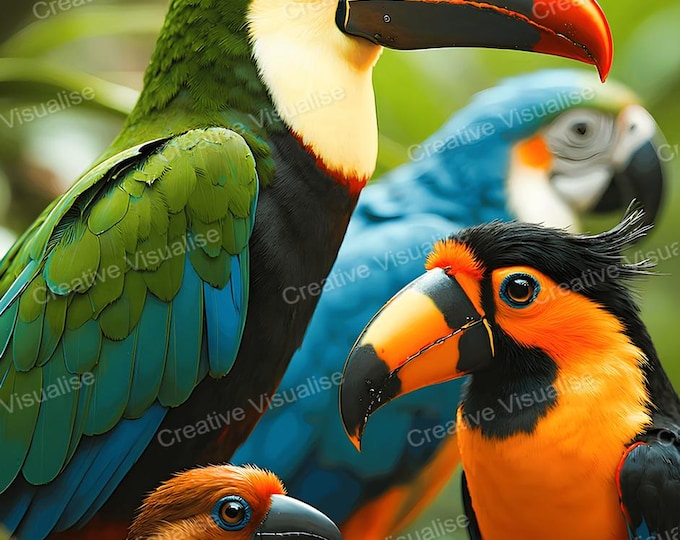 Three Toucans and Parrot on Branch with Flowers Printable Wall Art Digital Download