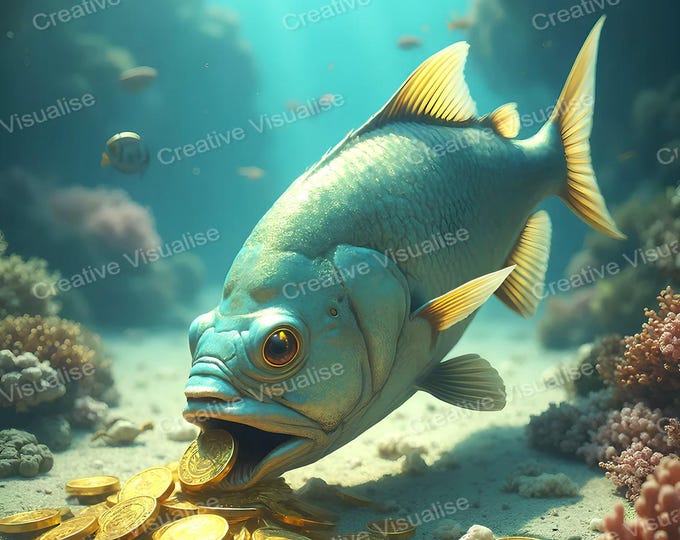 Colorful Seabed Fish Swimming While Spitting Shiny Gold Coins Underwater