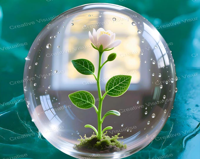 Flower in Crystal Bubble Printable Wall Art Green Jade Background Digital Floral Decor