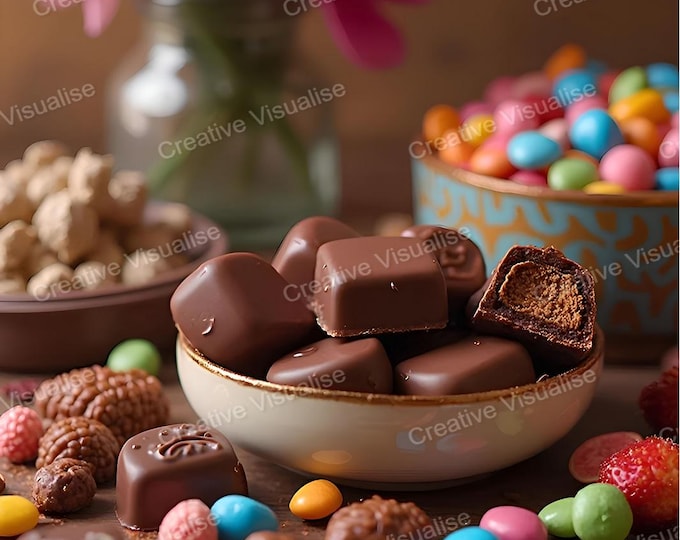 Colorful Candy Bowls with Chocolate Bars and Sweets Beside Flower Bouquet on Table