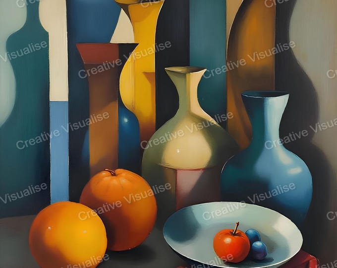 Cubist Style Still Life with Clay Pots, Melons, and Apple on Plate Beside Mirror