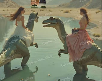 Dwie dziewczyny w strojach wieczorowych jadące na dinozaurach jak na koniach w drodze do centrum handlowego