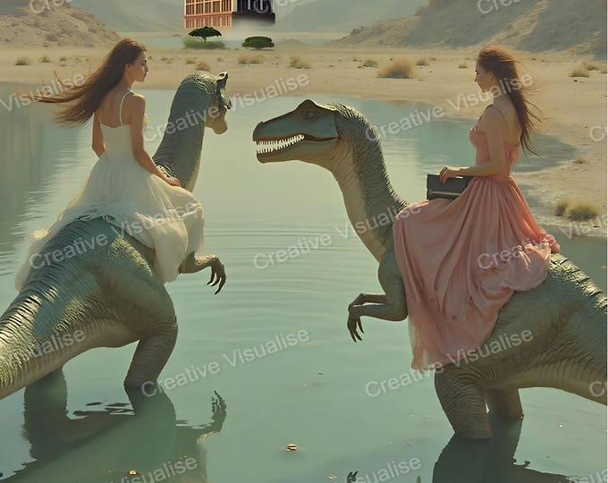 Two Girls in Formal Dresses Riding Dinosaurs Like Horses on Way to Shopping Center