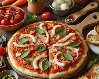 Pizza warzywna gotowa do pieczenia na kuchennym stole z jajkami, kiełbasą, chlebem i warzywami