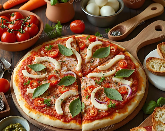 Vegetable Pizza Ready to Cook on Kitchen Table with Eggs, Sausage, Bread, Vegetables