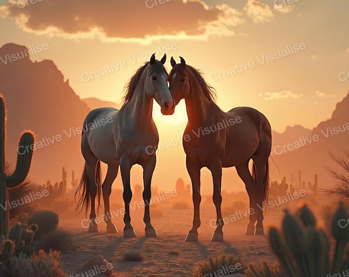 Two Wild Horses Standing in Desert at Sunset- Serene Western Wildlife Wall Art