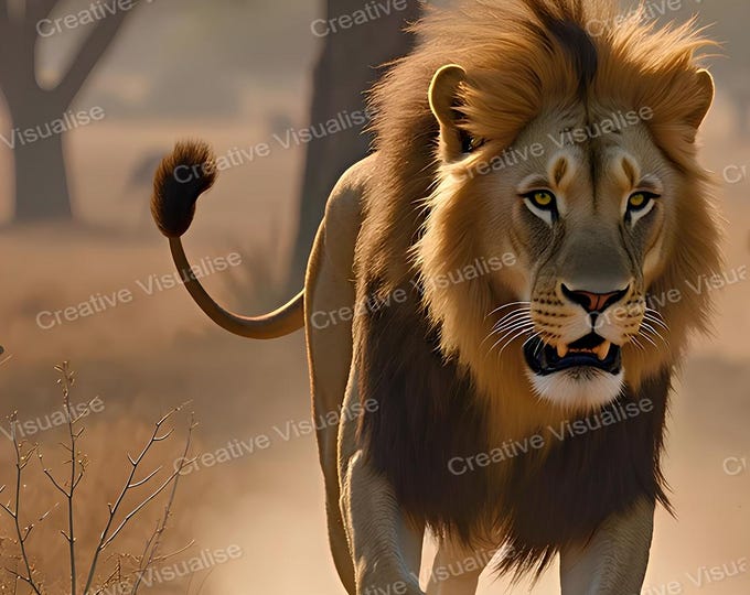 Lion Running Across the Savanna – Powerful Wildlife Action Wall Art