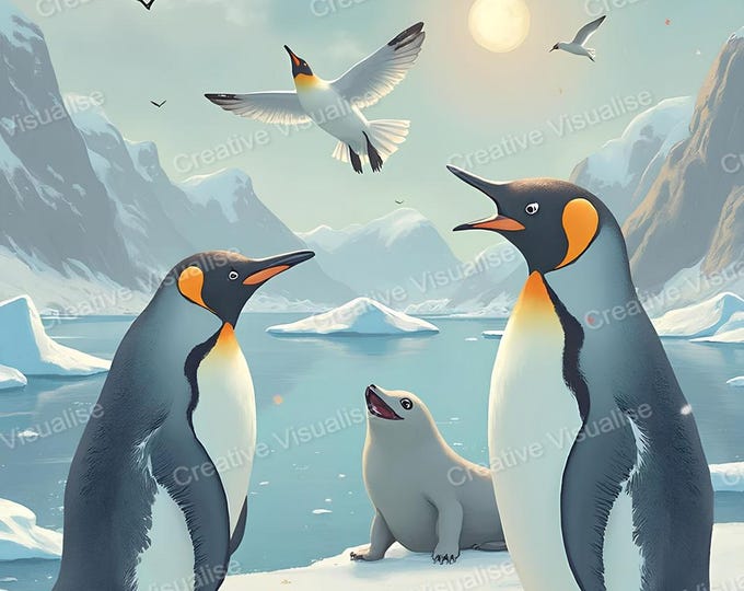 Two Penguins and a seal by Polar Lake with Flying Birds Under Bright Sunny Sky