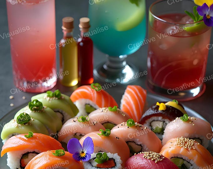 Stylish Sushi Plate with Cocktails on Beautifully Decorated Table – Elegant Dining Scene