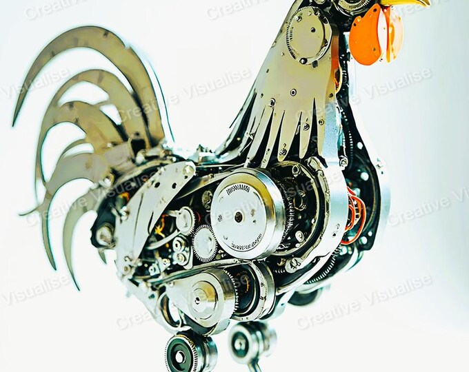 Robot Rooster Wall Art Printable | Futuristic Bird Digital Download PDF & JPEG