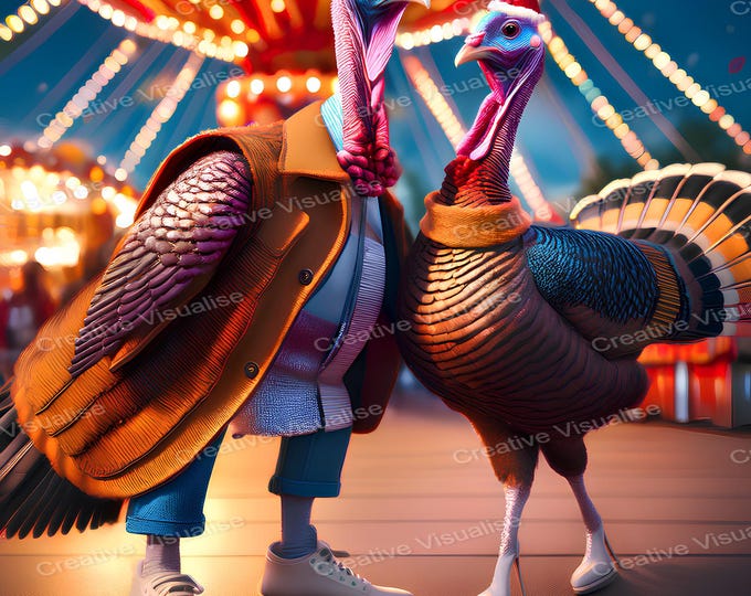 Two Turkeys in Love Wearing Winter Clothes at Amusement Park – Romantic Night Scene