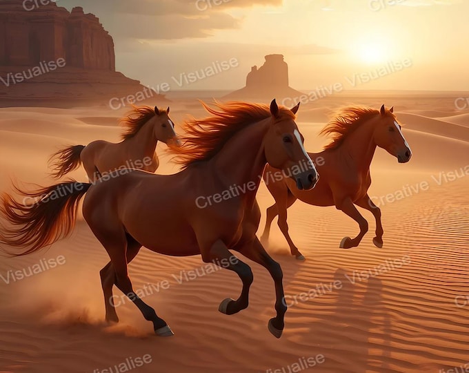 Brown Wild Horses Running Across Desert Landscape – Powerful Freedom Wildlife Wall Art