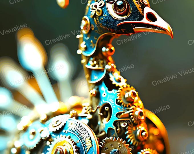 Robot Peacock Portrait Wall Art Printable | Futuristic Bird Digital Download PDF & PNG
