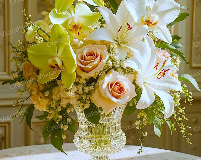 White and Pink Flower Bouquet in Glass Jar Printable Wall Art Floral Table Decor