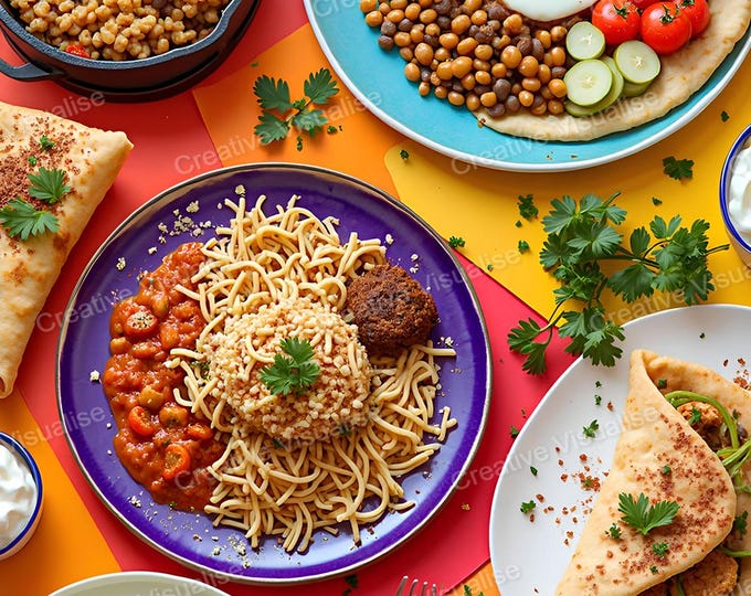 Traditional Table Setting with Eggs, Beans, Falafel, Bread, Yogurt, and Vegetable Decorations