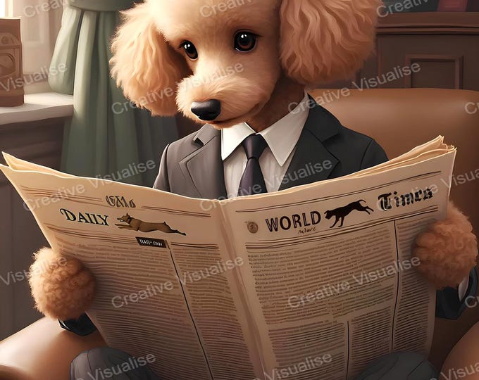 Fantasy Dog Wearing Suit Like Human Sitting on Sofa Reading Newspaper Indoors