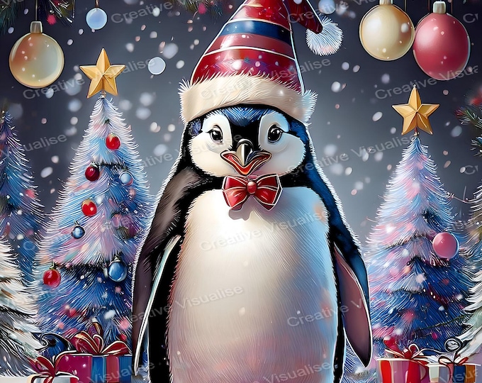 Penguin Wearing Christmas Hat with Festive Decorations and Snowy Pine Trees – Holiday Digital Print