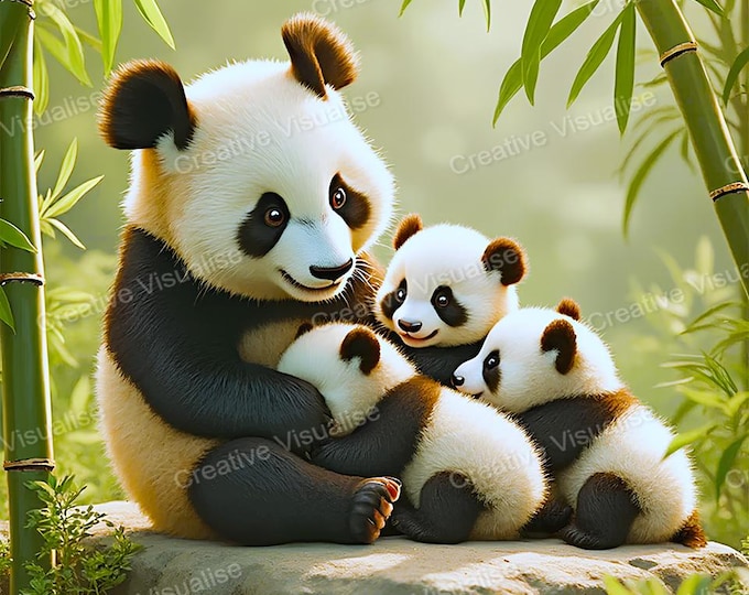 Mother Panda with Cubs – Heartwarming Wildlife Family Wall Art