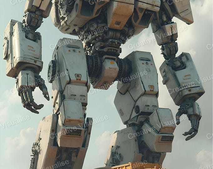 Giant Robot Beside Massive Truck at Desert Construction Site – Futuristic Industrial Wall Art