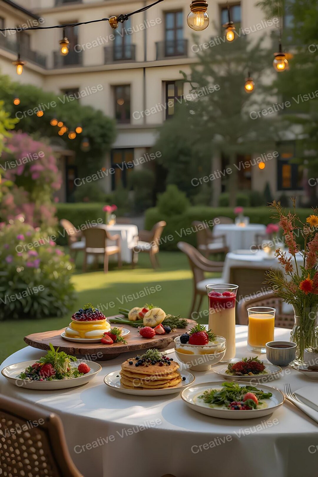 Elegant Garden Breakfast Table With Pancakes, Cream, Juices, and Fruits ...