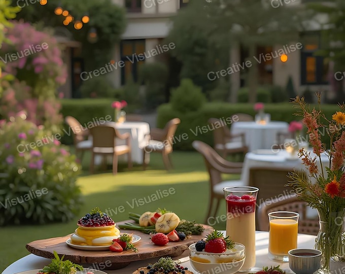 Elegant Garden Breakfast Table with Pancakes, Cream, Juices, and Fruits – Cozy Outdoor Dining Scene
