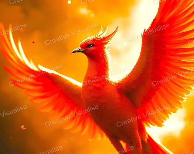 Orange Phoenix Flying Across Red Sunset Sky – Fiery Mythical Fantasy Wall Art