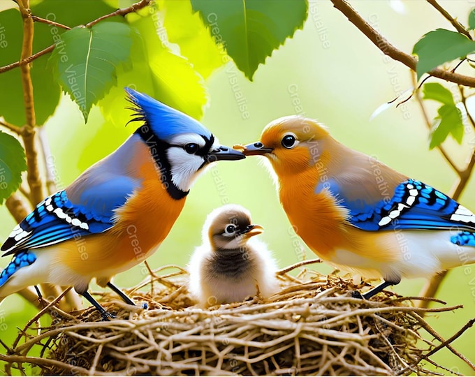 Birds Feeding Chick in Nest Printable Wall Art, Digital PNG PDF 300 DPI