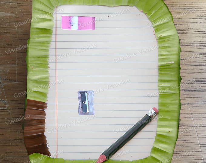 Green Framed Writing Paper with Pencil, Eraser and Sharpener – Vintage Style Stationery Illustration