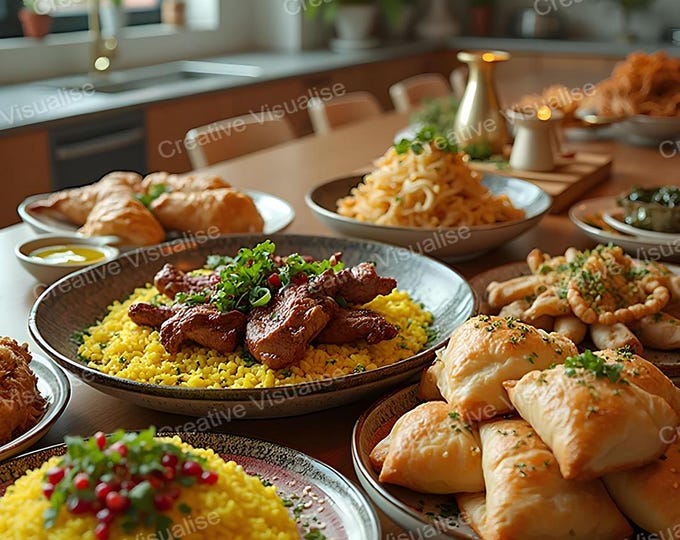 Home Kitchen Table with Meat Dish, Couscous, Rice, Spaghetti, and Samosa