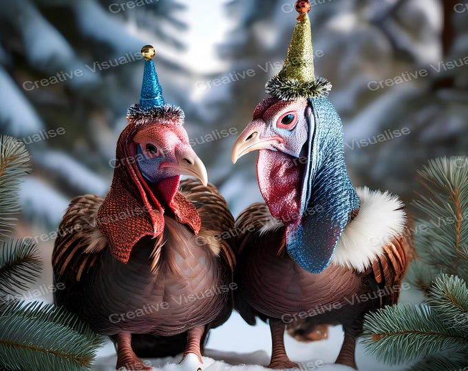Turkeys Wearing Christmas Hats with Festive Decorations and Snowy Pine Trees – Holiday Digital Print