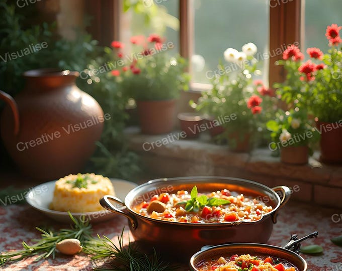 Stew and Rice Dishes on Table by Window with Colorful Flowers in Rustic Room