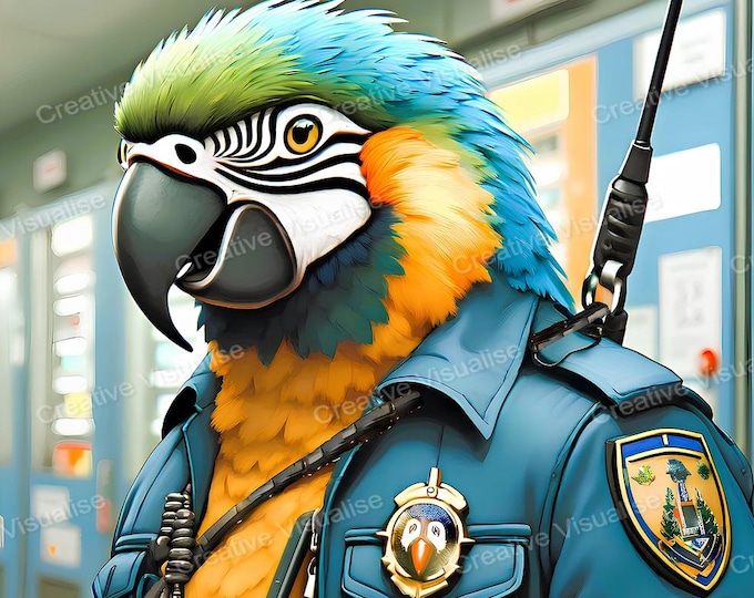 Macaw as Security Staff Printable Wall Art Funny Tropical Bird Digital Download Decor