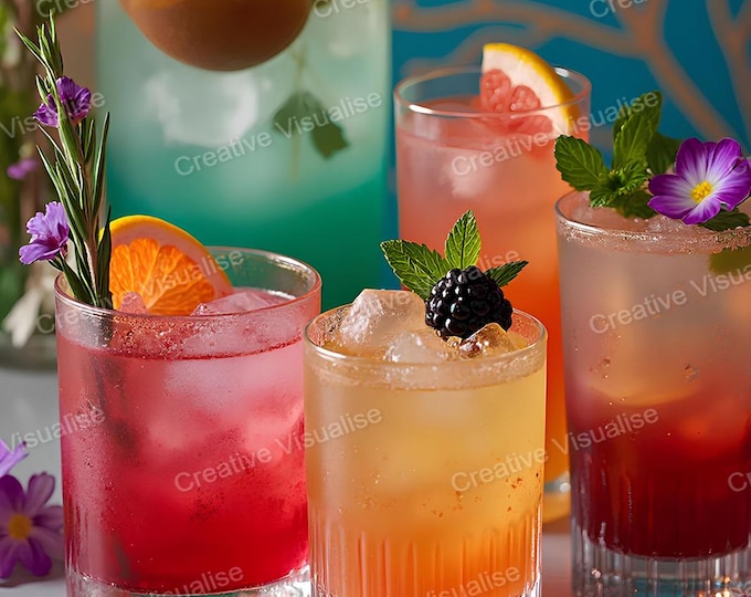 Colorful Cocktails and Beverages Garnished with Berries, Blueberries, Blackberries, Grapefruit, and Lemon
