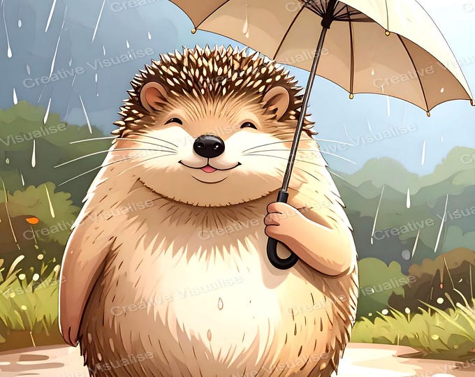 Cartoon Hedgehog Holding Umbrella in Rainy Forest Village Photo