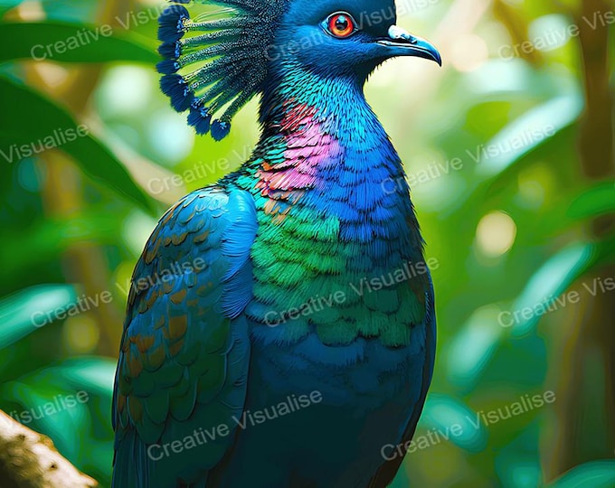 Blue Goura Victoria Crowned Pigeon on Branch Printable Wall Art Digital Download High Resolution