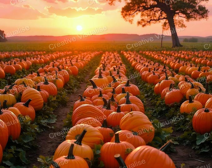 Pumpkin Field at Sunset Printable Wall Art Autumn Landscape Digital Download Colorful Decor