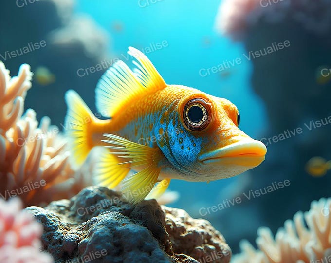 Colorful Orange Ornamental Aquarium Fish Swimming Above Vibrant Seafloor