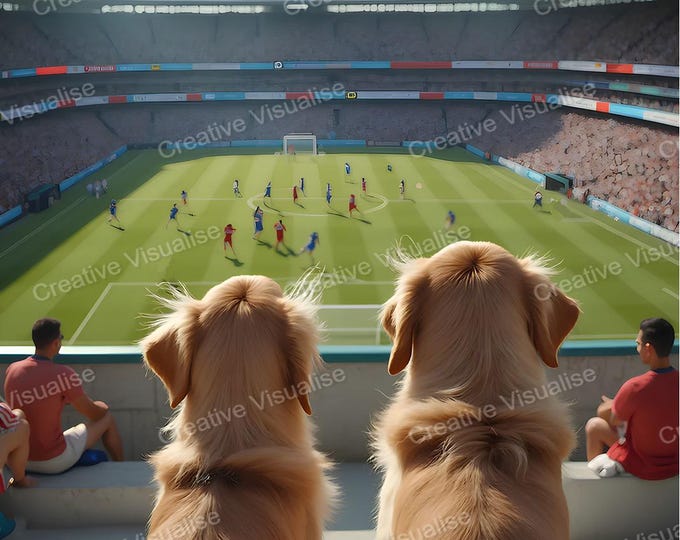 Dogs Sitting as Fans in Football Stadium Watching Soccer Match