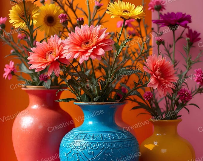 Colorful Flower Bouquets in Vibrant Vases – Bright Floral Home Decor Wall Art
