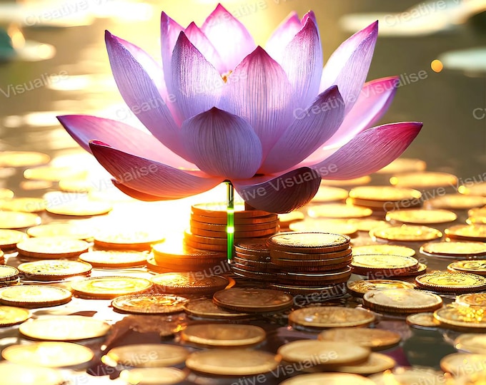 Fantasy Lotus Flower Blooming in Marsh Filled with Shimmering Gold Coins