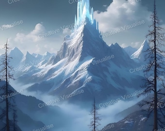 Eisspitze Berglandschaft mit langen Gletscherkappen und nebligem Tal im Winterwald