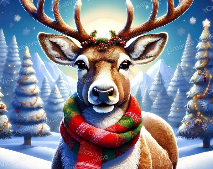 Deer with Christmas Decorations Among Snowy Pine Trees – Festive Holiday Digital Print