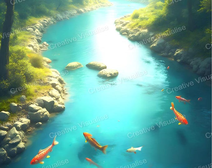 Orange and Colorful Fish Swimming in Rocky Forest River Landscape