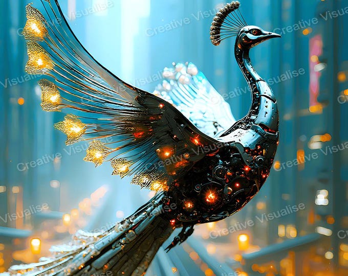Robotic Peacock in Flight Wall Art Printable | Futuristic Bird Digital Download PDF & PNG