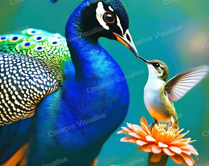 Whimsical Colorful Peacock and Hummingbird Wall Art | Printable PDF & PNG