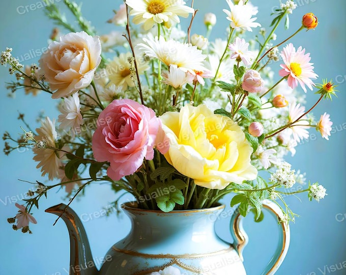 Rustic Colorful Flower Bouquet in Pot Printable Wall Art Farmhouse Table Decor